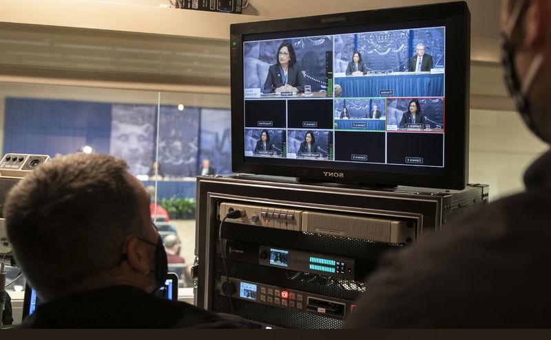 View of press conference from control room